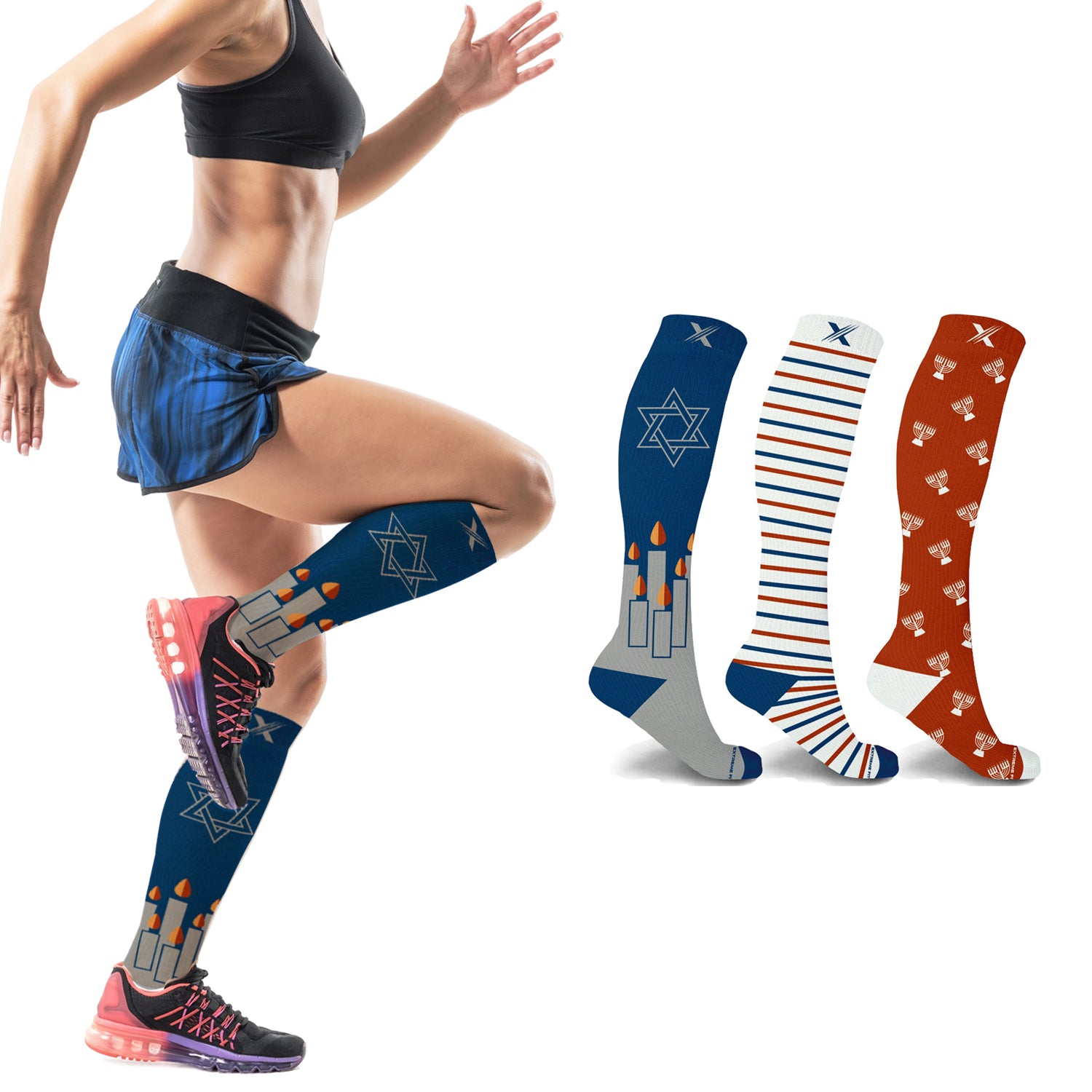 Hanukkah Menorah Prints Expressive Knee High Compression Socks (3-Pairs)
