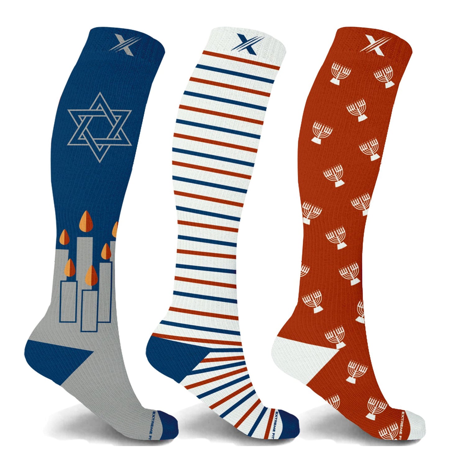 Hanukkah Menorah Prints Expressive Knee High Compression Socks (3-Pairs)