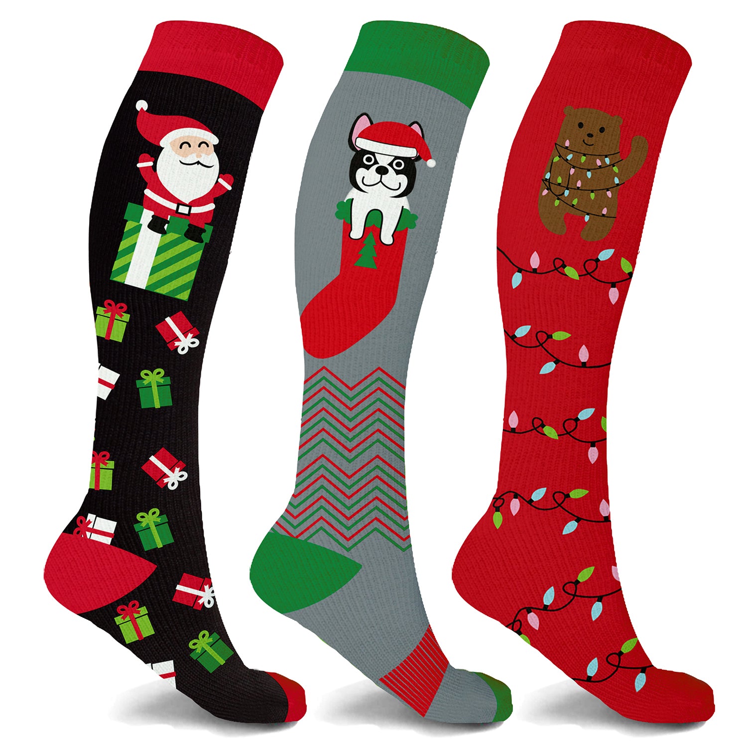 Christmas and Holiday Fun Expressive Knee High Compression Socks (3-Pairs)