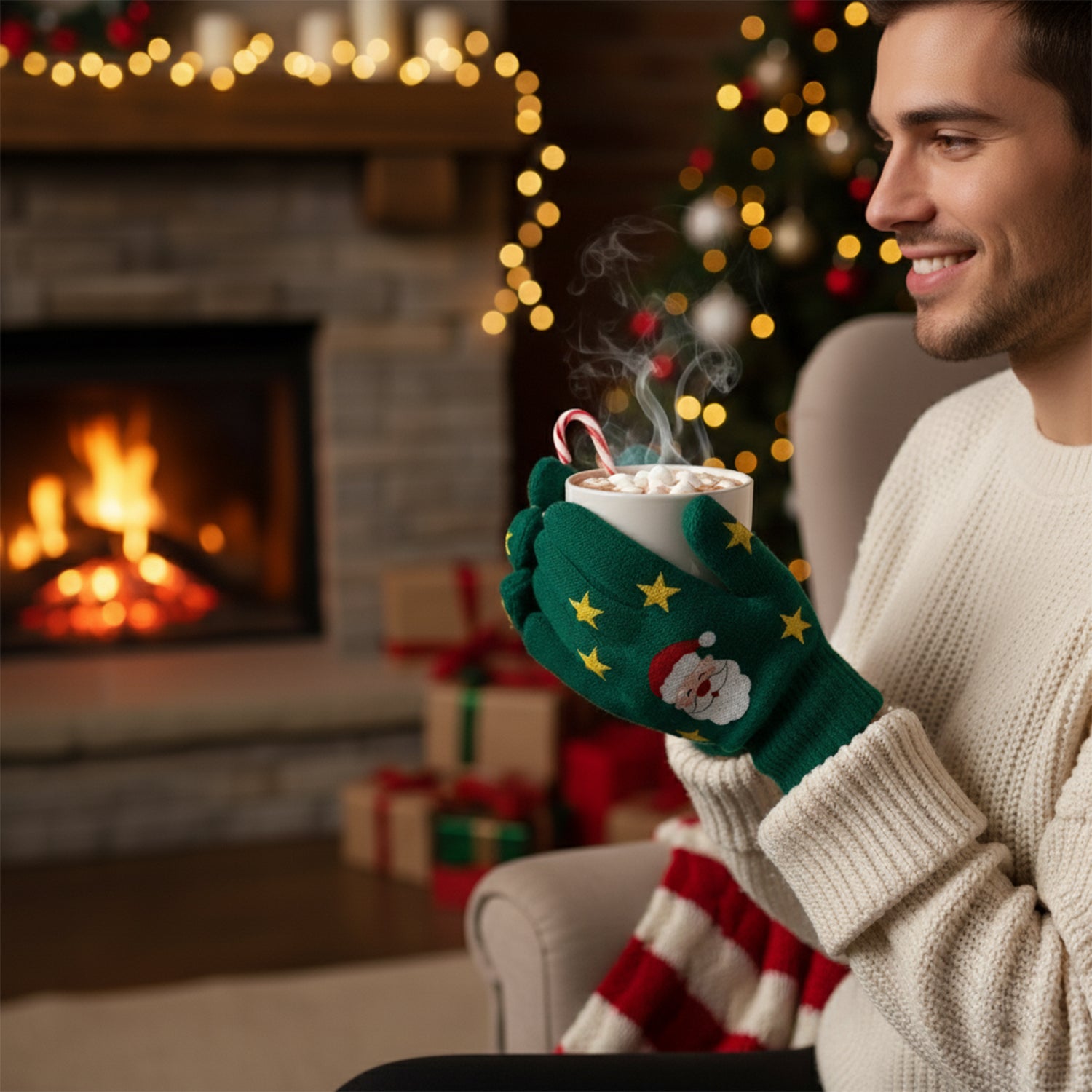 Holiday Light Up Knit Winter Gloves for Adults with 6 Bright LED