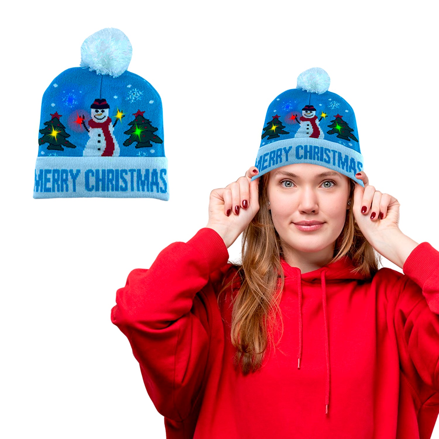 Colorful Warm LED Christmas Holiday Pom Pom Beanie Hat Winter Knit