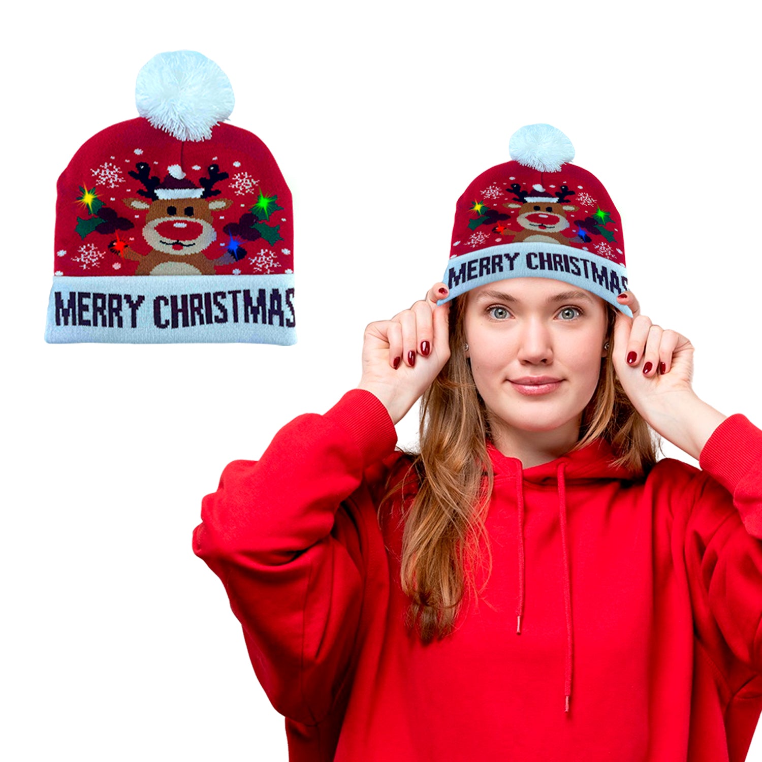 Colorful Warm LED Christmas Holiday Pom Pom Beanie Hat Winter Knit