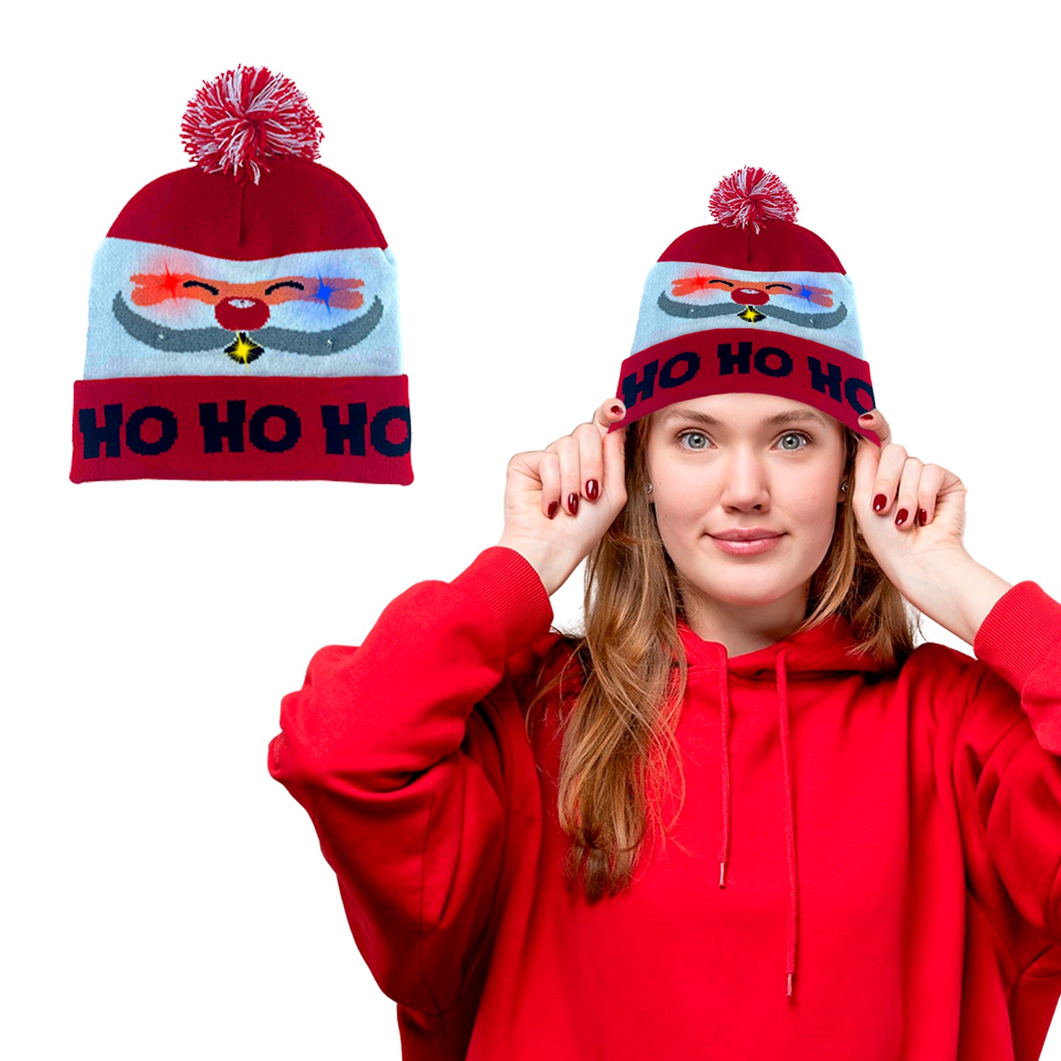 Colorful Warm LED Christmas Holiday Pom Pom Beanie Hat Winter Knit
