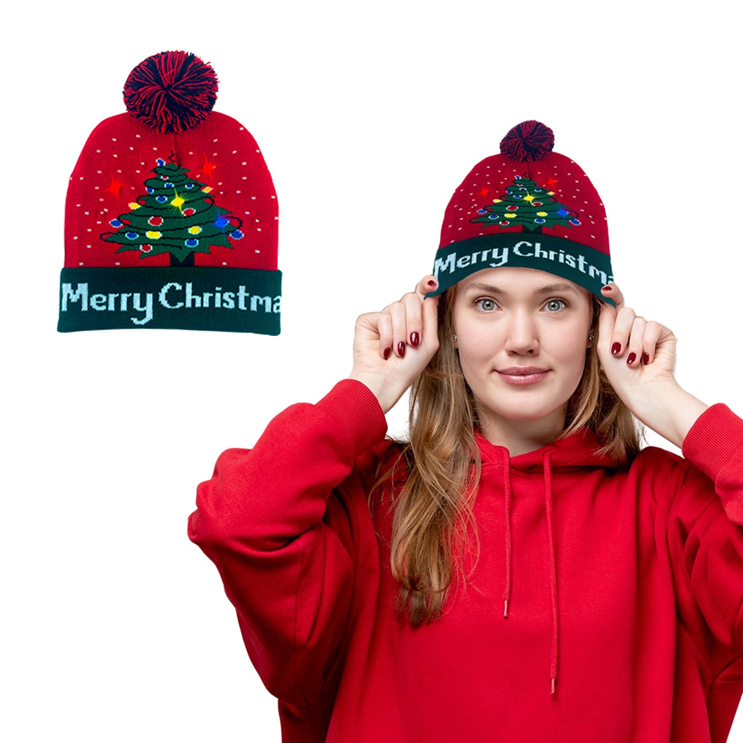 Colorful Warm LED Christmas Holiday Pom Pom Beanie Hat Winter Knit