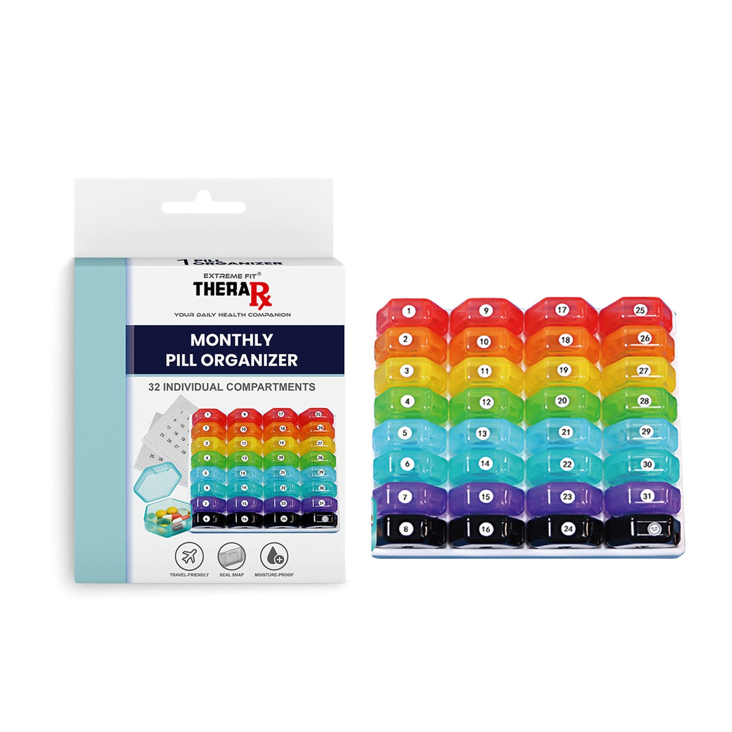 32 Colored Compartments Monthly Pill, Medicine and Vitamin Organizer with Tray