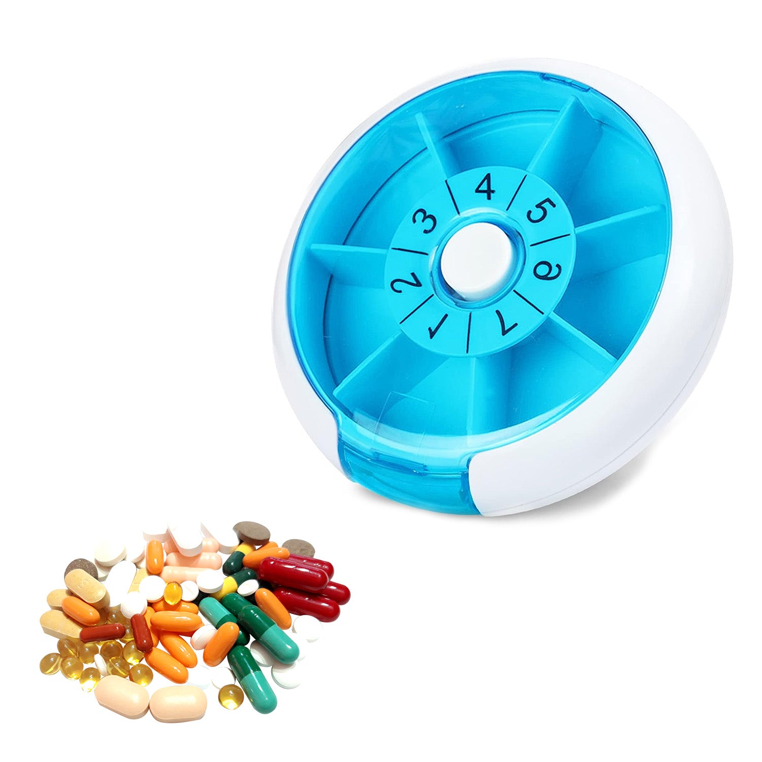 Portable Push Button Rotating Round Case Once a Day Daily Medicine Organizer for Pill,Capsule,Fish Oil,Vitamin