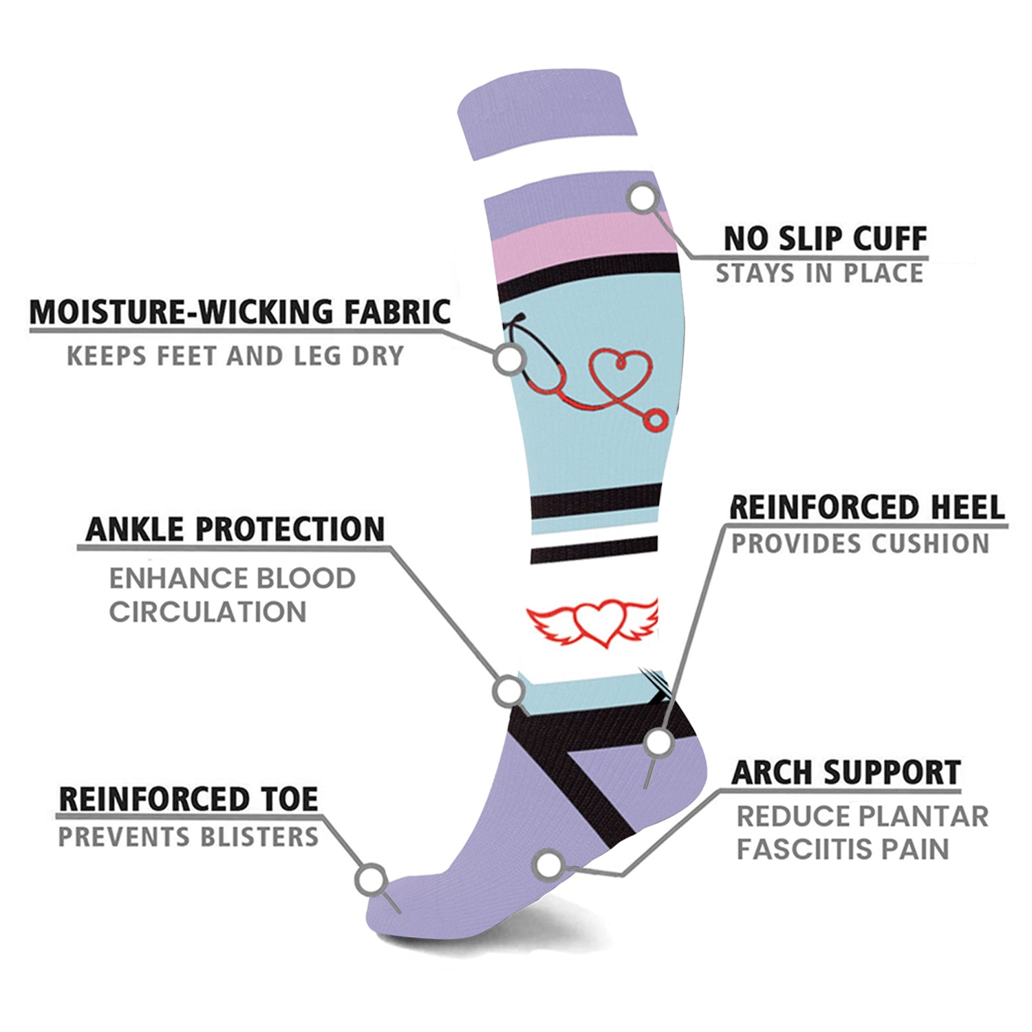 Medical Print Knee-High Compression Socks (3 Pairs) – 15–20 mmHg Graduated Compression Support for Circulation, Swelling & Travel