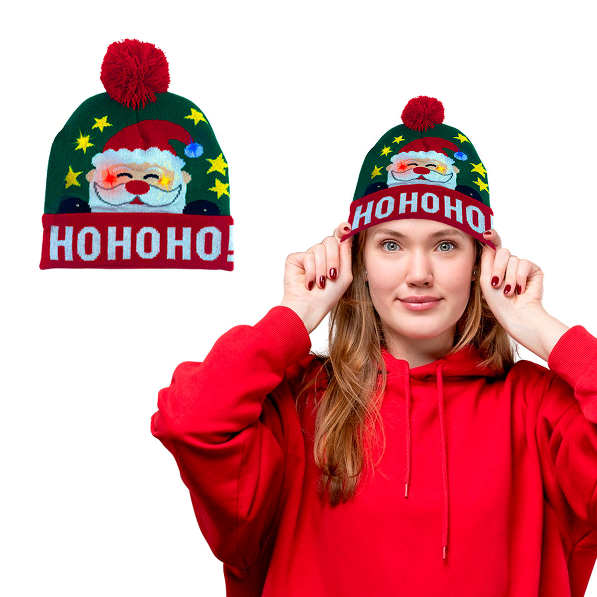 Pom Hat Soft with LED Light Beanie winter warm with Pom Pom Stretchy Colorful Warm LED Christmas Holiday Pom Pom Beanie Hat  main image 2