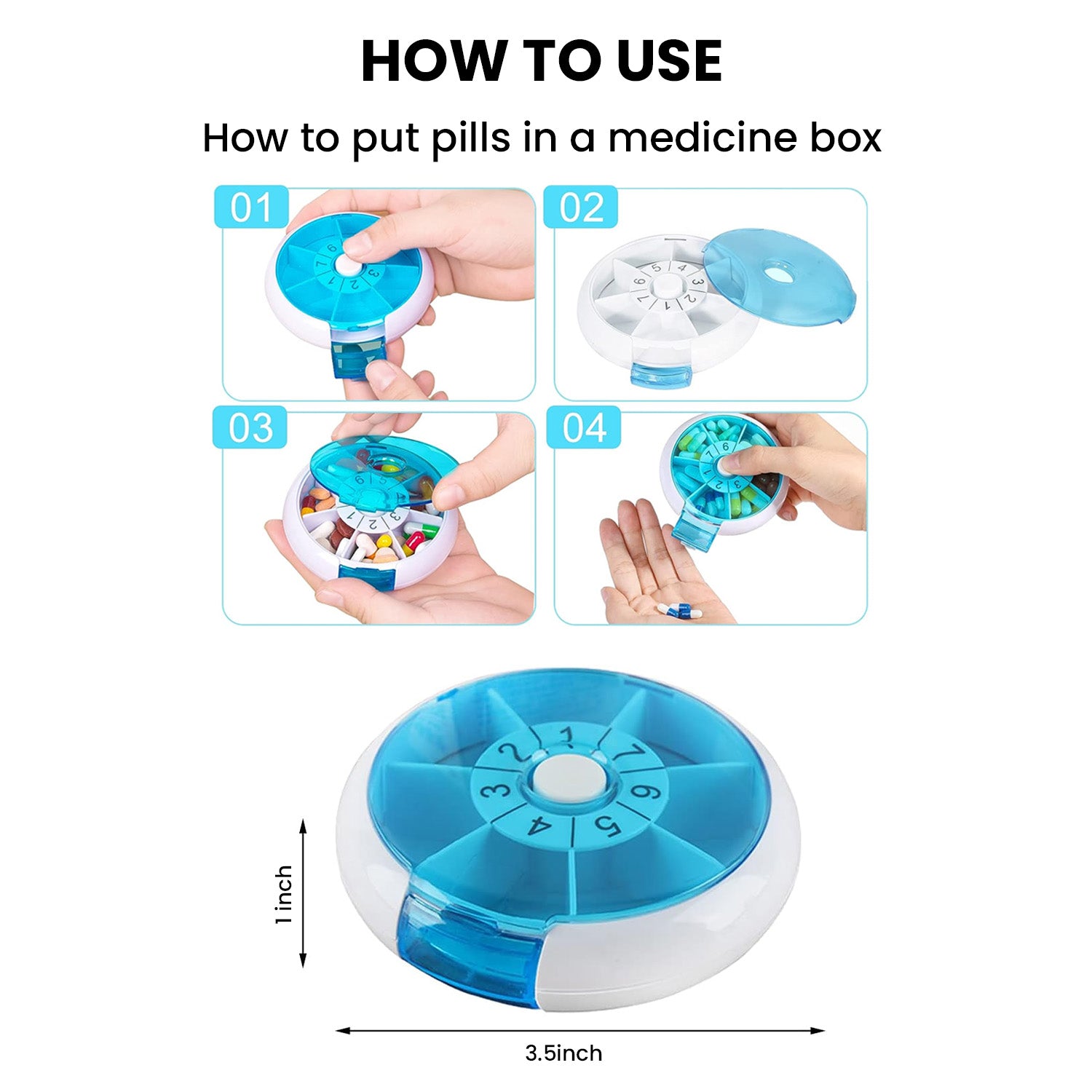 Portable Push Button Rotating Round Case Once a Day Daily Medicine Organizer for Pill,Capsule,Fish Oil,Vitamin