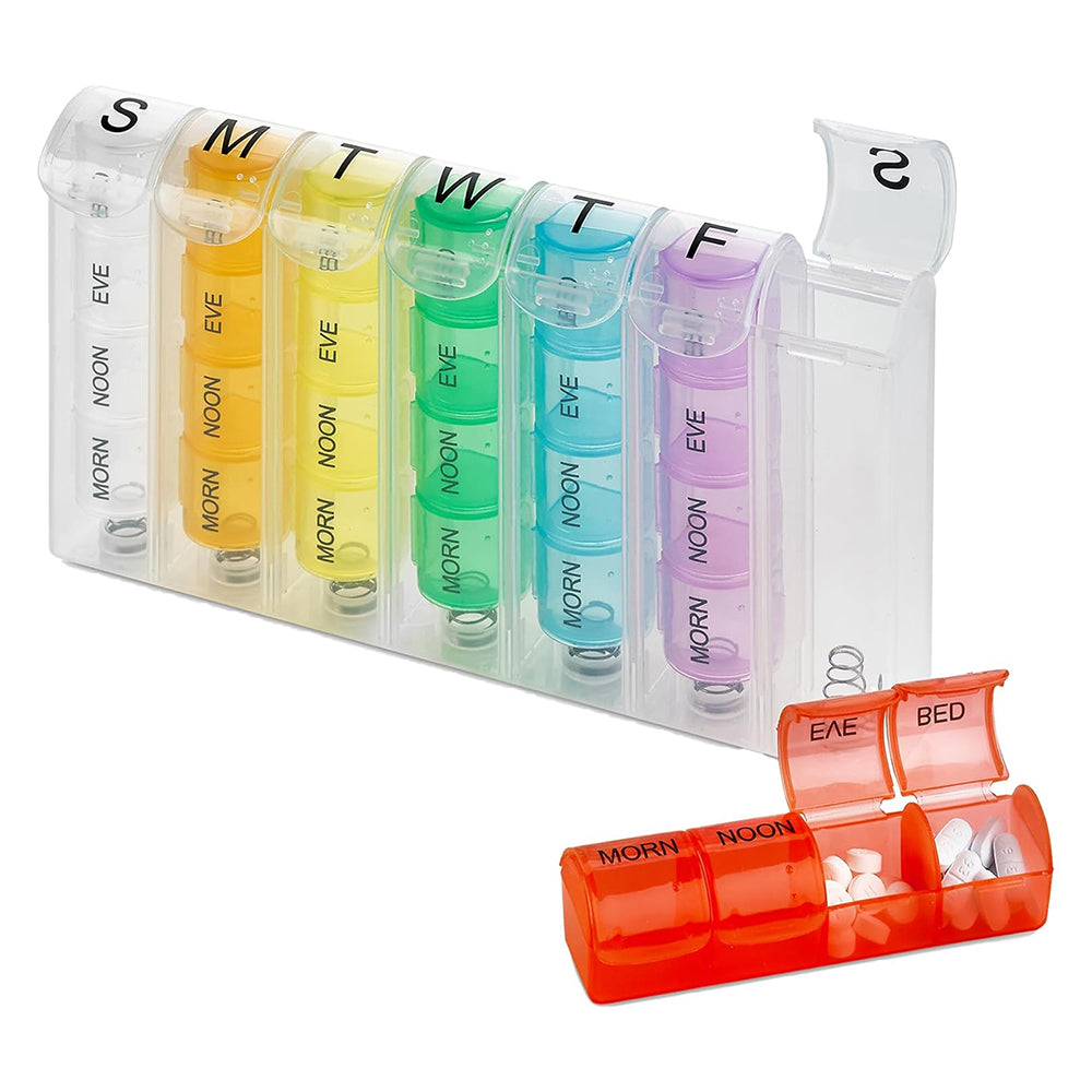 Weekly Pill Organizer with AM/PM Compartments – 4 Times Daily Medication Planner for Morning, Noon, Evening & Night – Ideal for Home or Travel