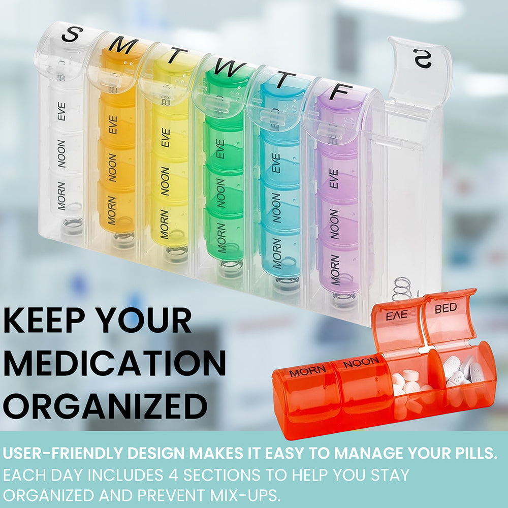 Weekly Pill Organizer with AM/PM Compartments – 4 Times Daily Medication Planner for Morning, Noon, Evening & Night – Ideal for Home or Travel