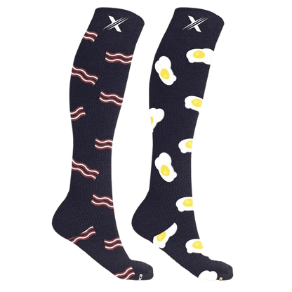 Extreme Fit - MISMATCHED: EGGS &amp; BACON COMPRESSION SOCKS - KNEE-LENGTH